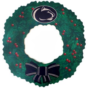 wooden holiday wreath with printed greens, holly berries, bow, and Penn State Athletic Logo